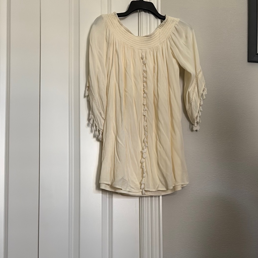 Cream Pleated Blouse with 3/4 Sleeves